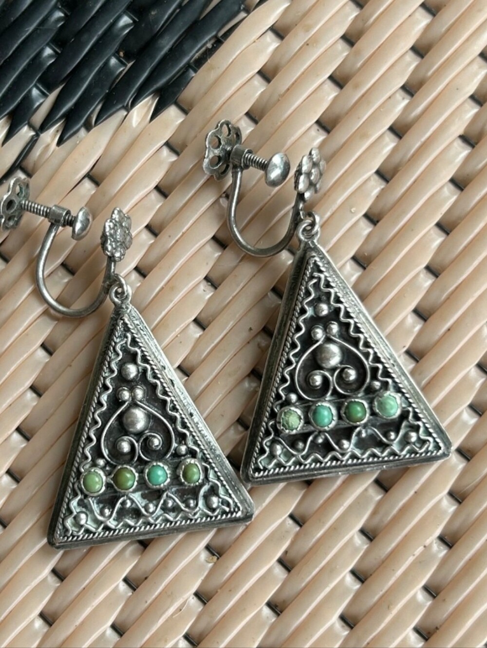 Antique 800 Silver Yemenite Turquoise Stone Earrings